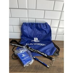 Sony PlayStation Blue Drawstring bag, lanyard, tablet pen, and small notepad